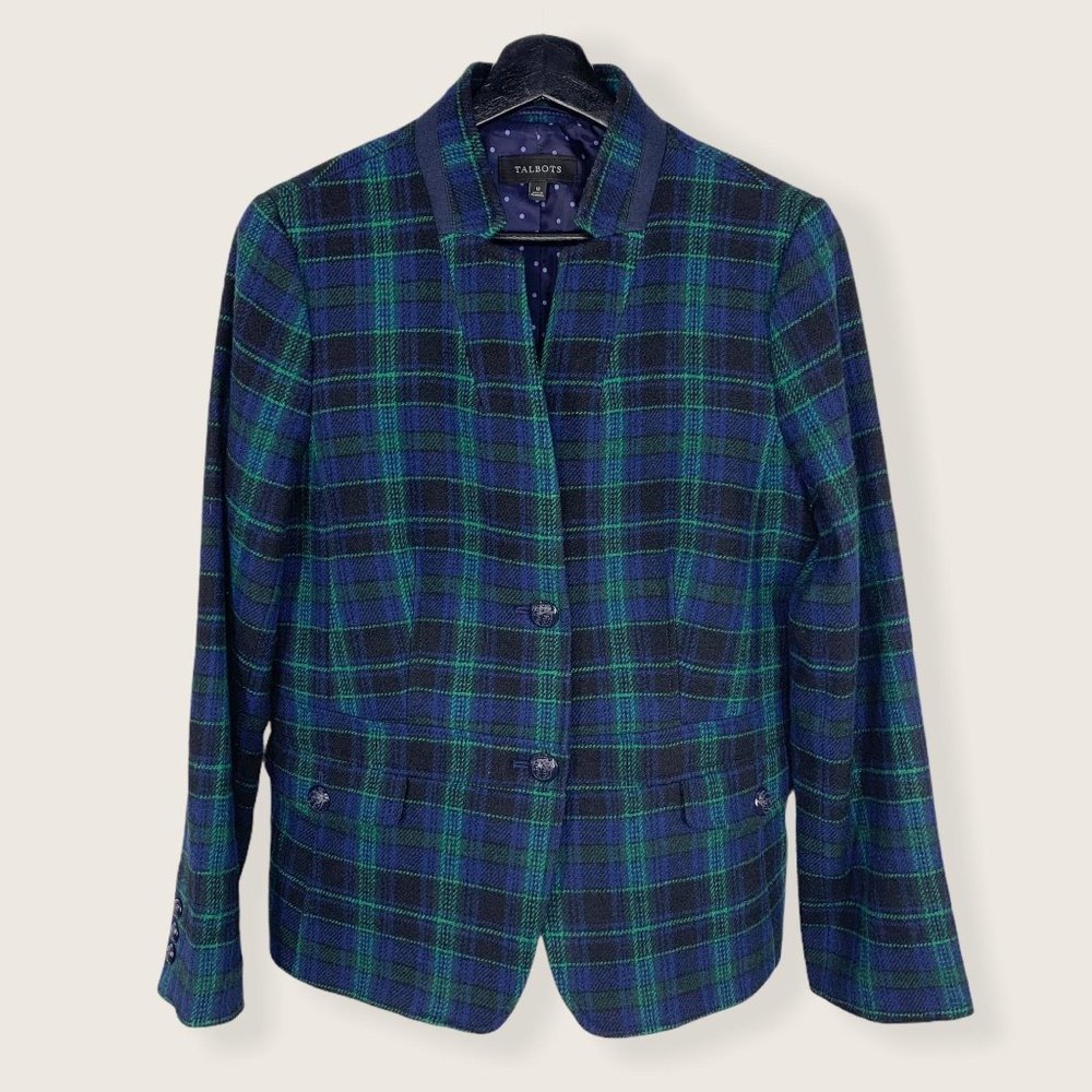 Talbots Black Blue Plaid Wool Blend Two Button Blazer Large